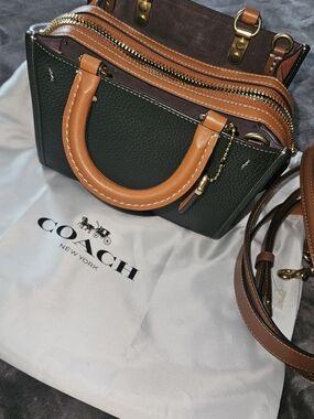 COACH Pebble Leather Mini Satchel in Dark Green with Tan Trim